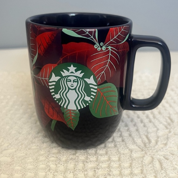 Starbucks Coffee Mug Poinsettia Tea Cup 2020 Navy Blue Holiday 12 oz. - Picture 1 of 7
